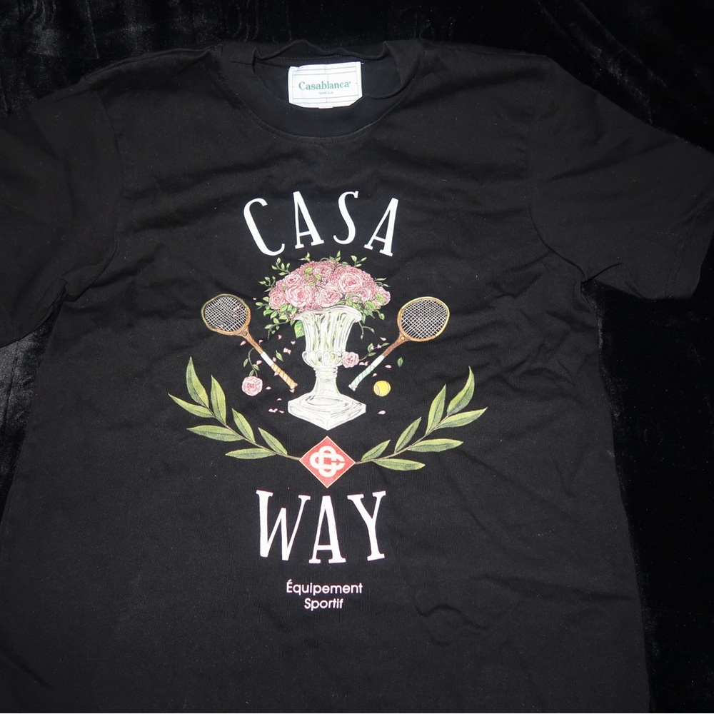 Casa Blanca Black Graphic T-Shirt with Floral and Tennis Design
